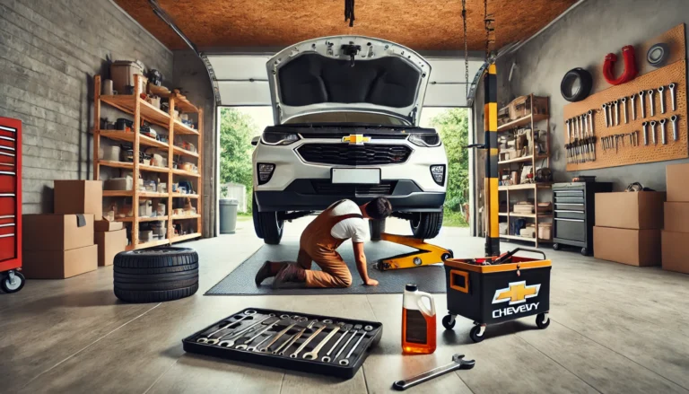 A Chevy vehicle owner changing the oil in their car at home using a jack and tools.