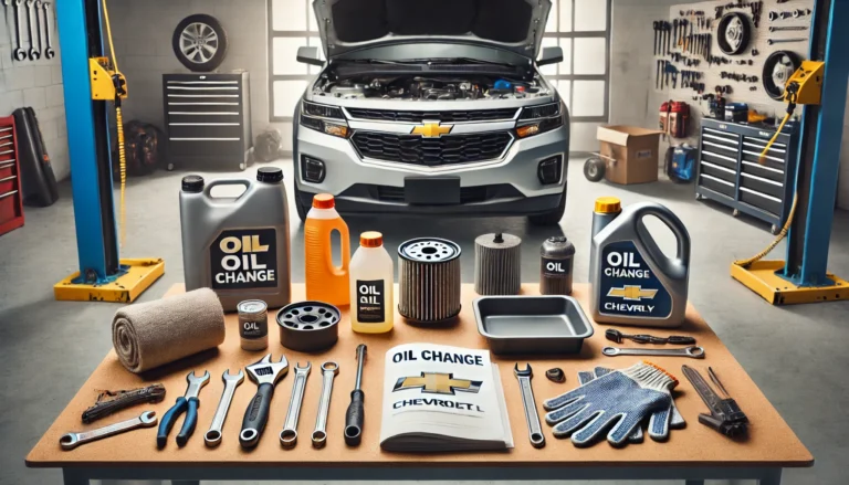 Tools and materials required for performing an oil change in a Chevy vehicle, laid out on a workbench.