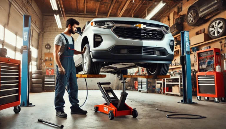 Mechanic lifting a Chevy vehicle using a jack and jack stands for a safe oil change process.