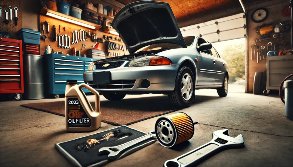 2003 Chevy Cavalier in a garage with oil change tools ready for maintenance.