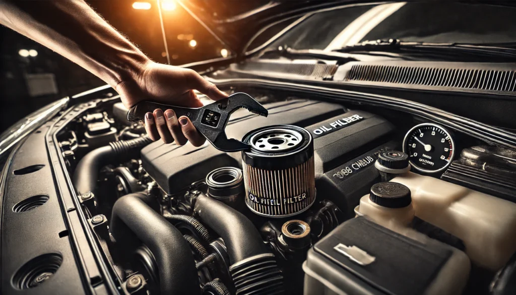 2008 Chevy Malibu with the hood open, showing the oil filter being replaced.
