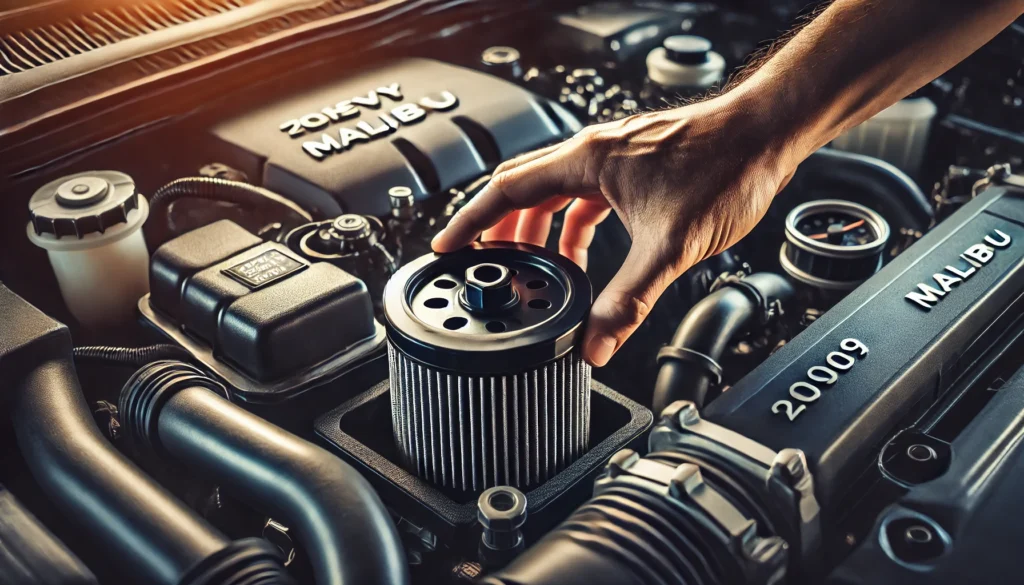 Mechanic installing a new oil filter into a 2009 Chevy Malibu engine bay.
