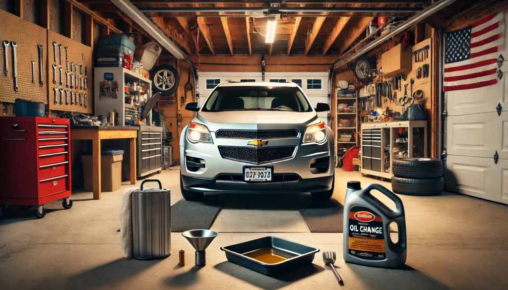 2011 Chevrolet Equinox in a garage prepared for an oil change with tools and supplies.