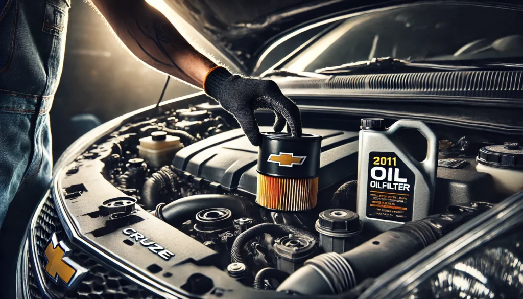 A 2011 Chevy Cruze with its hood open, displaying the oil change process with a focus on removing the old oil filter.