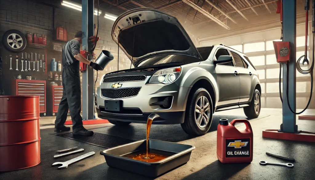 2011 Chevy Equinox oil change process showing a person unscrewing the oil filter with tools and oil pan in view.