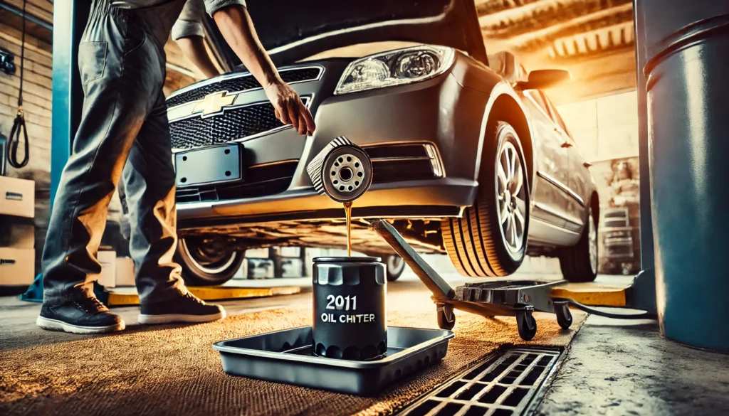 Replacing the oil filter on a 2011 Chevy Malibu during an oil change.