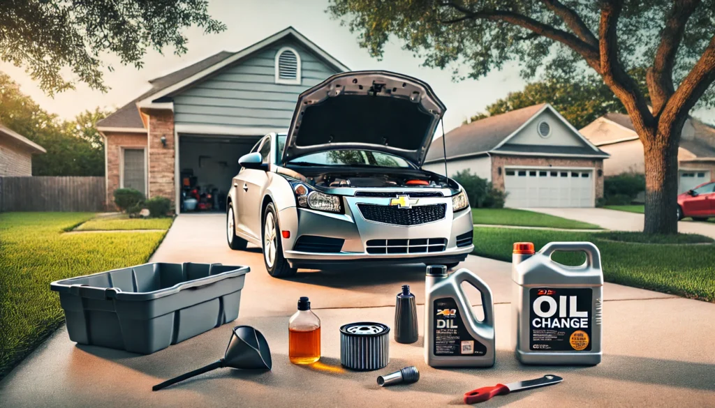 2012 Chevrolet Cruze in a driveway with tools ready for an oil change.