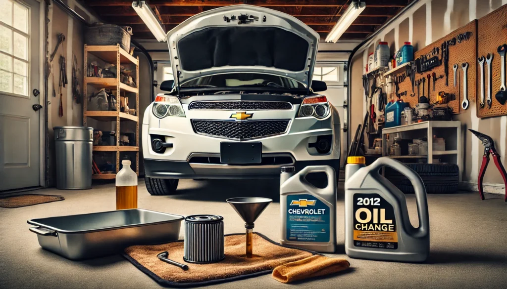 2012 Chevrolet Equinox with tools prepared for a DIY oil change in a garage.