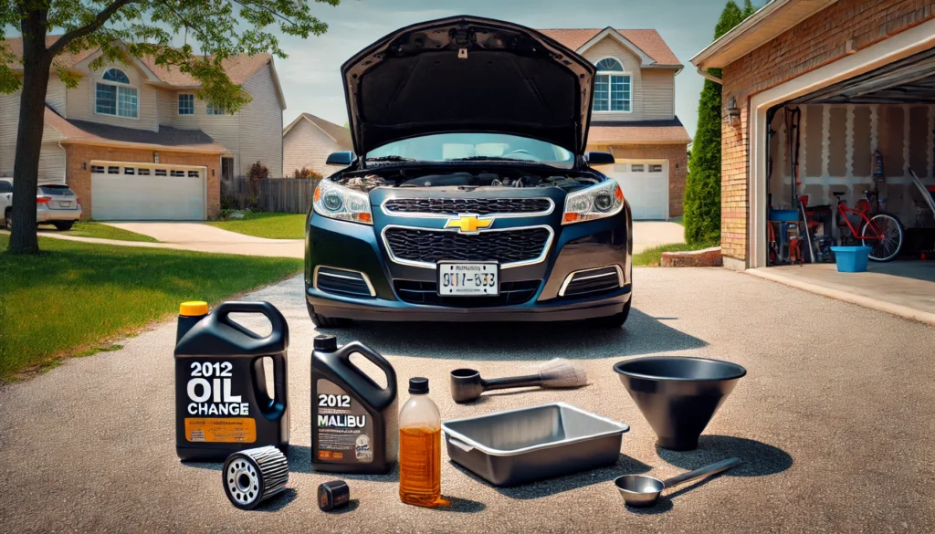 2012 Chevrolet Malibu with tools prepared for a DIY oil change in a driveway.