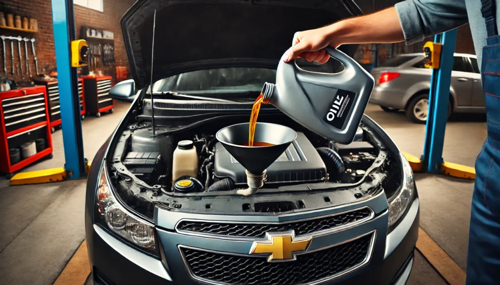 2012 Chevy Cruze in a garage with the hood open, showing new oil being poured into the engine.