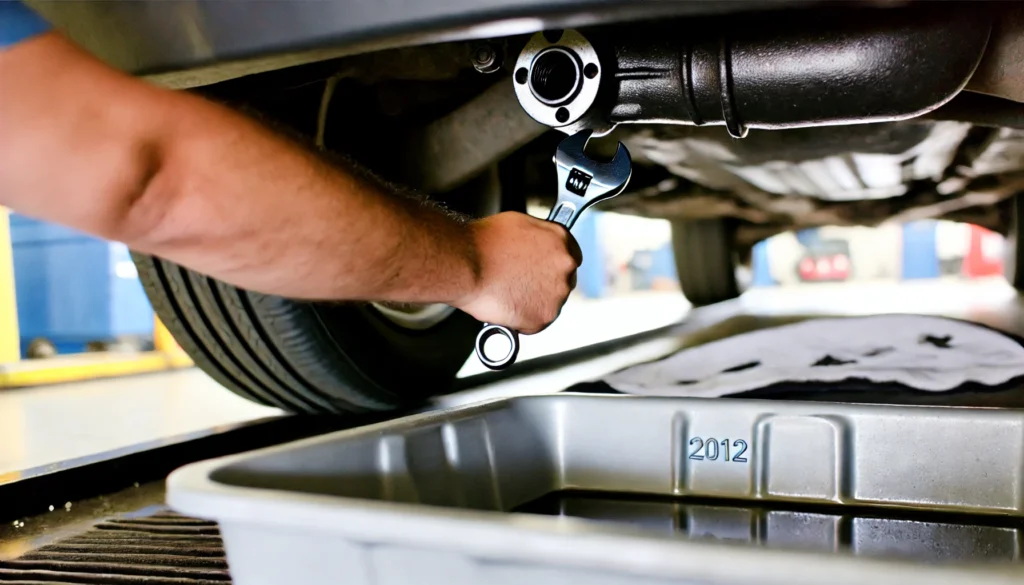 Changing the oil on a 2012 Chevy Equinox, focusing on draining the old oil.