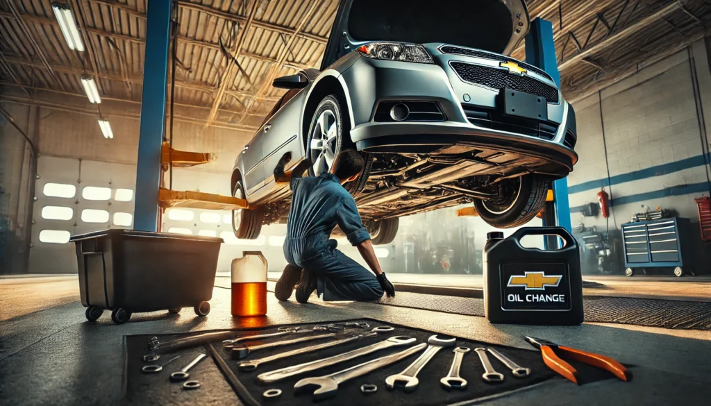 Person performing an oil change on a 2012 Chevy Malibu with the car lifted on jack stands.