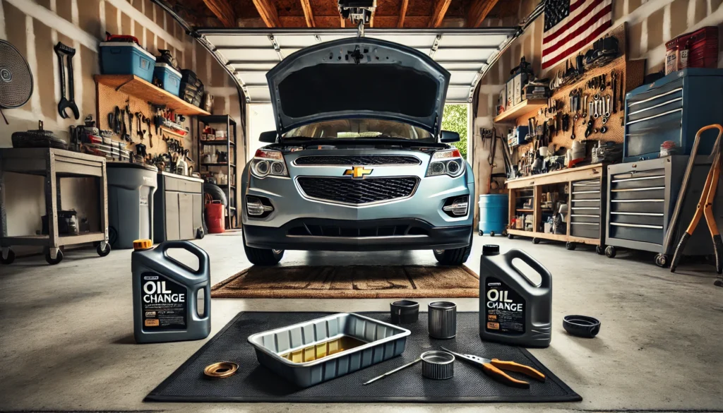 2013 Chevrolet Equinox in a garage with tools laid out for a DIY oil change.