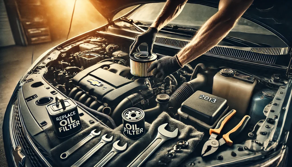 2013 Chevy Sonic with hood open, showing the process of replacing the oil filter.