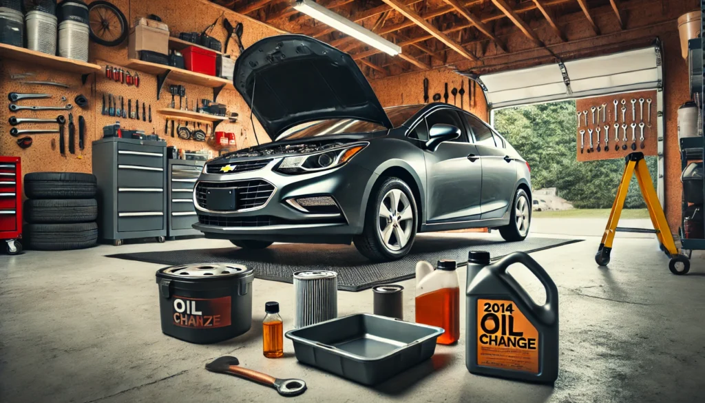 2014 Chevrolet Cruze in a garage with tools laid out for an oil change.