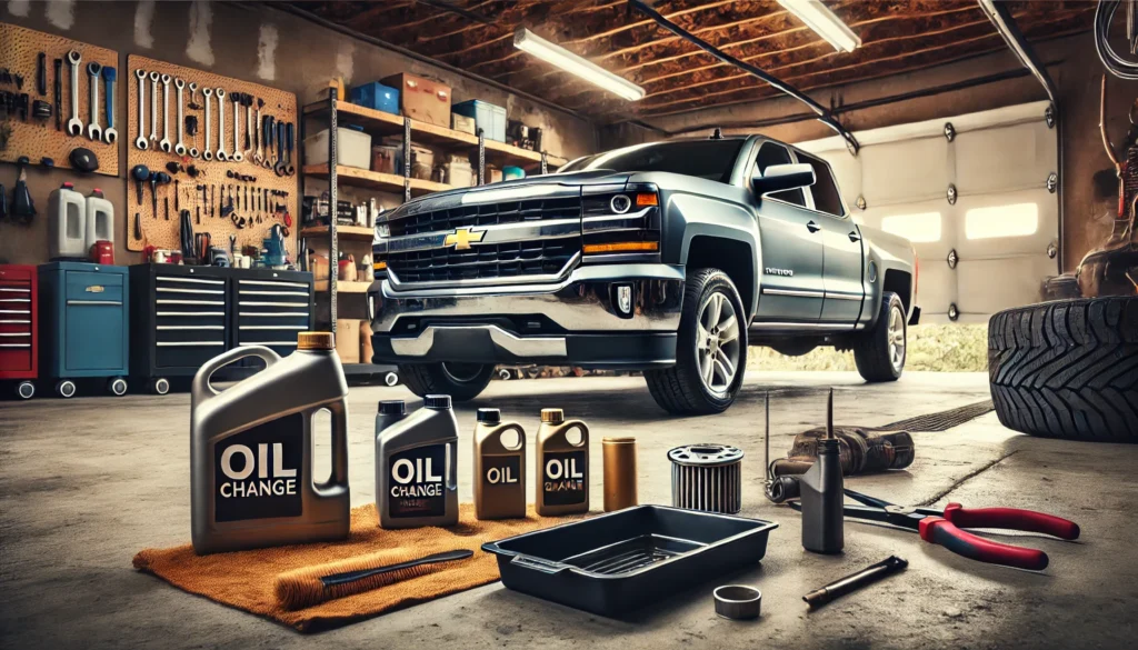 2014 Chevrolet Silverado with tools ready for an oil change in a garage.
