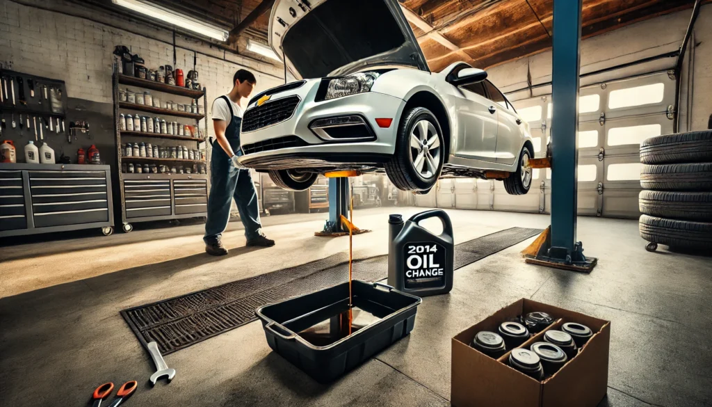 Performing an oil change on a 2014 Chevy Cruze with the vehicle raised on jack stands.