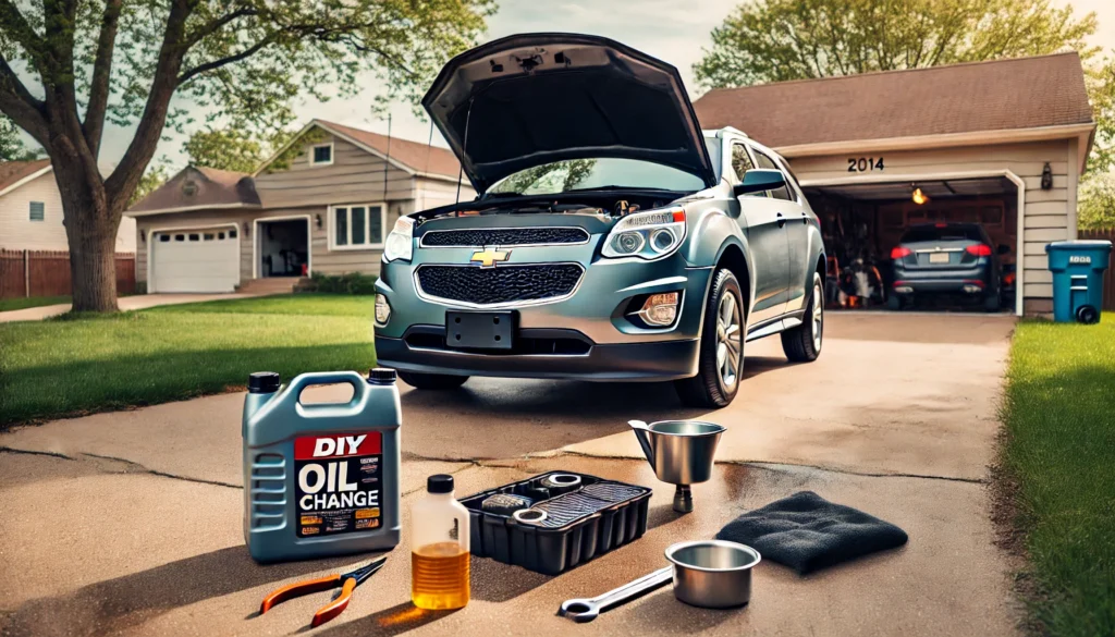 2014 Chevy Equinox with oil change tools ready for a DIY maintenance session.