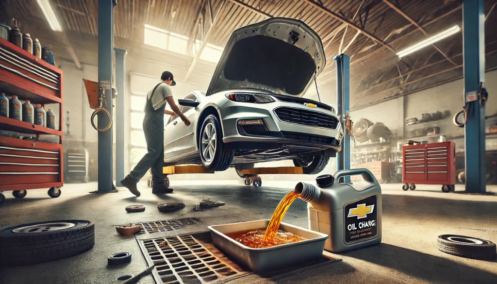 A person performing an oil change on a 2014 Chevy Malibu with the vehicle raised on jack stands.