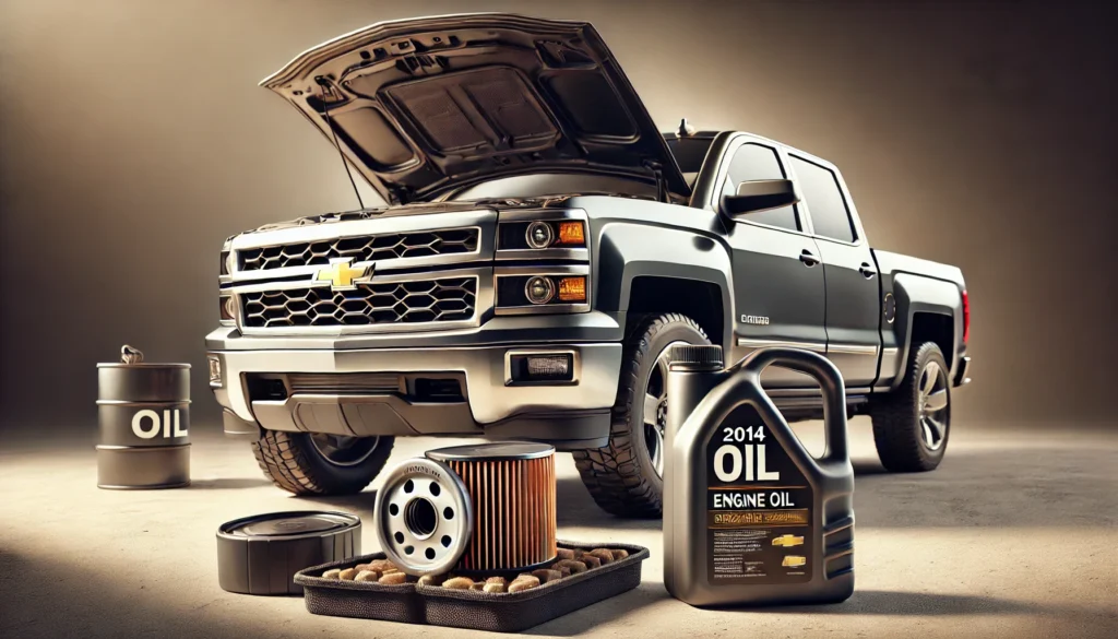 2014 Chevy Silverado with its hood open, oil filter and engine oil ready for an oil change.