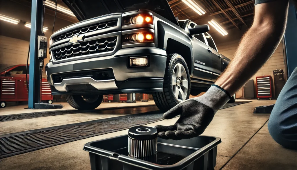 Mechanic changing the oil on a 2014 Chevy Silverado, with tools and oil filter in view.