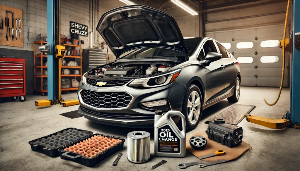 A 2015 Chevy Cruze in a garage with tools and materials ready for an oil change.