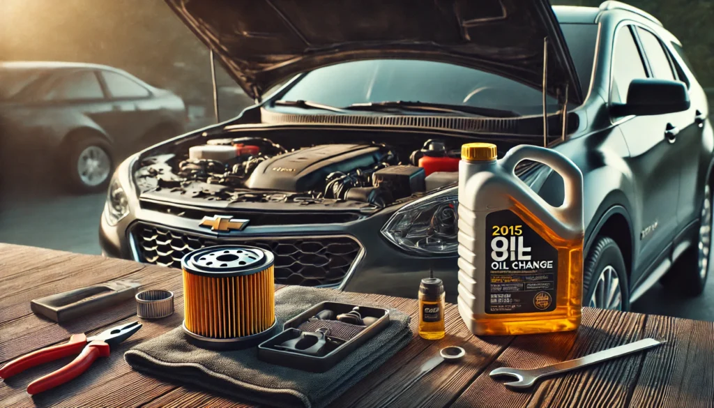 2015 Chevy Equinox with an open hood, oil filter, and oil bottle ready for an oil change.