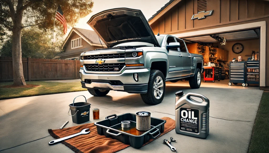 2015 Chevy Silverado with hood open during an oil change.
