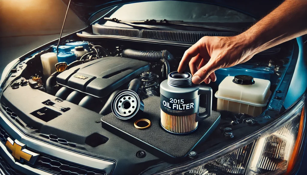 2015 Chevy Trax with the hood open, showing the oil filter being replaced by a mechanic.