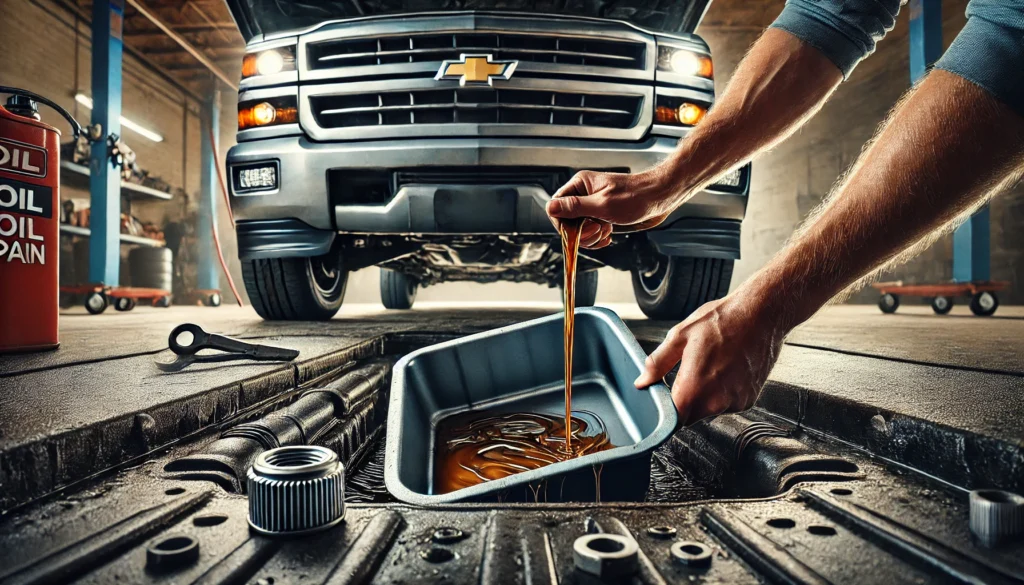 Person performing an oil change on a 2015 Chevy Silverado, draining old oil into a pan.
