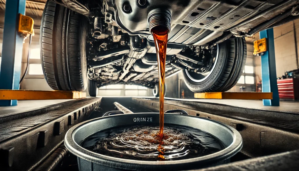 Draining old oil from a 2016 Chevy Cruze during an oil change.