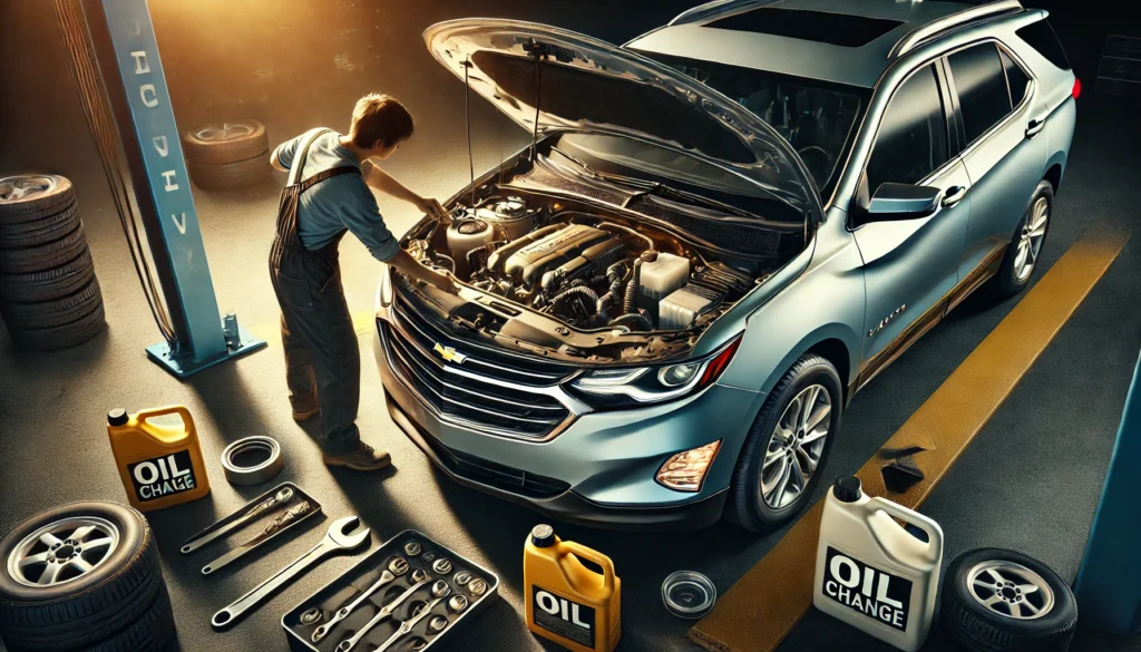 Person performing an oil change on a 2016 Chevy Equinox with the hood open.