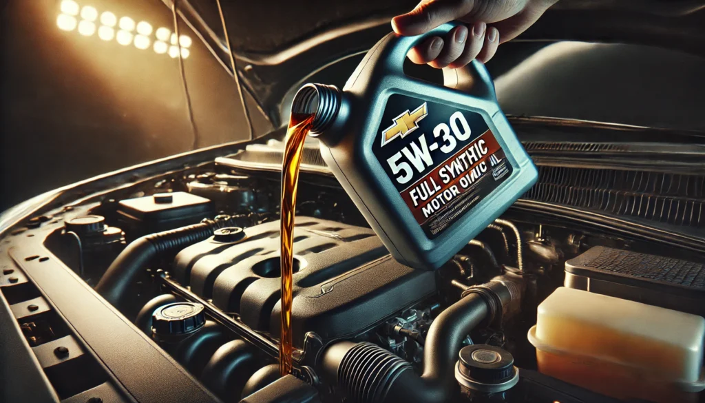 Pouring 5W-30 full synthetic motor oil into a 2016 Chevy Malibu engine.