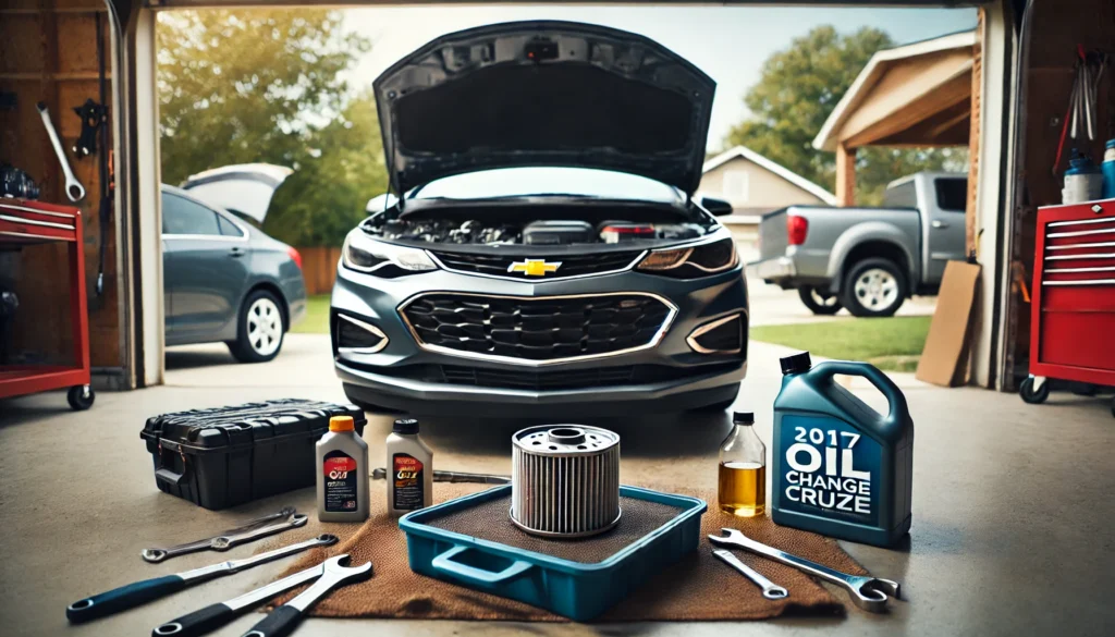 A 2017 Chevy Cruze with its hood open, showing the tools and process of changing the engine oil.
