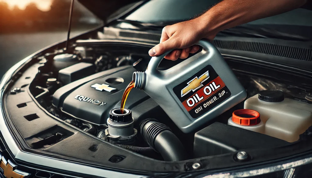 2017 Chevy Equinox with its hood open, oil bottle being poured into the engine.