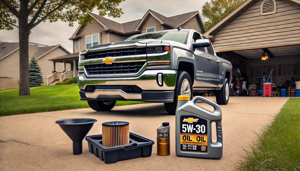 2017 Chevy Silverado with oil change supplies, including synthetic oil and an oil filter, prepared for a DIY maintenance session.