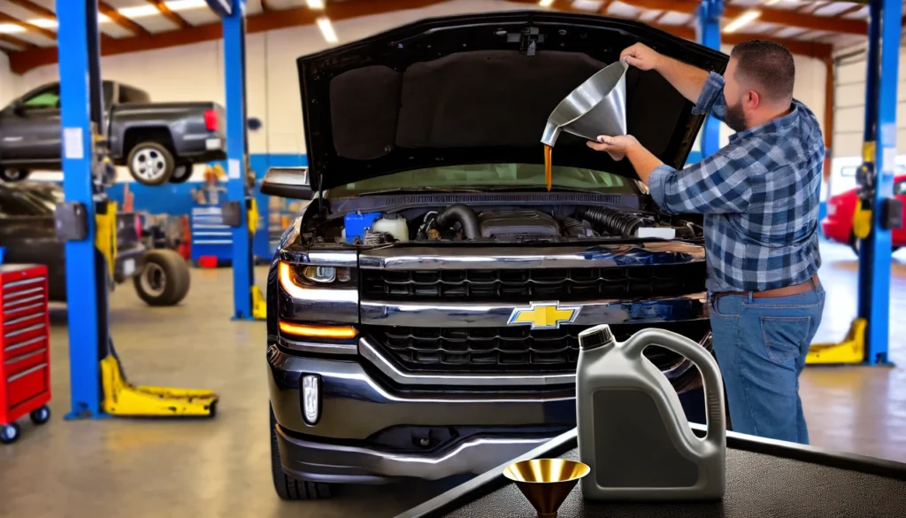 A 2018 Chevy Silverado undergoing an oil change, with a person adding new engine oil using a funnel.