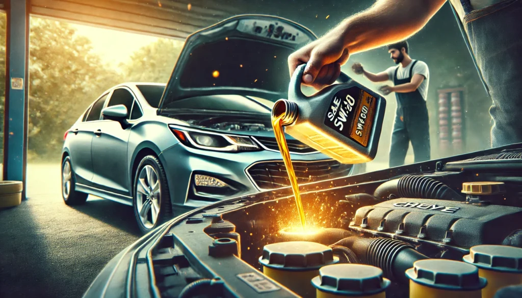 Mechanic pouring SAE 5W-30 oil into a 2019 Chevy Cruze, emphasizing proper maintenance.