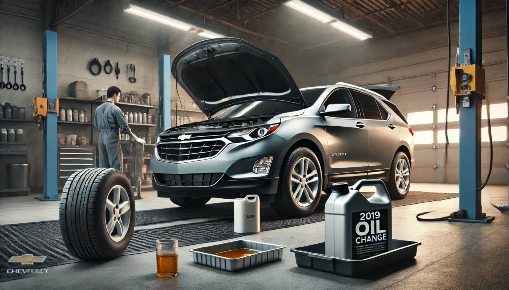 2019 Chevy Equinox getting an oil change, with the hood open and tools visible.