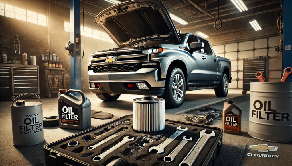 A 2019 Chevy Silverado in a garage with tools and an oil filter ready for replacement.