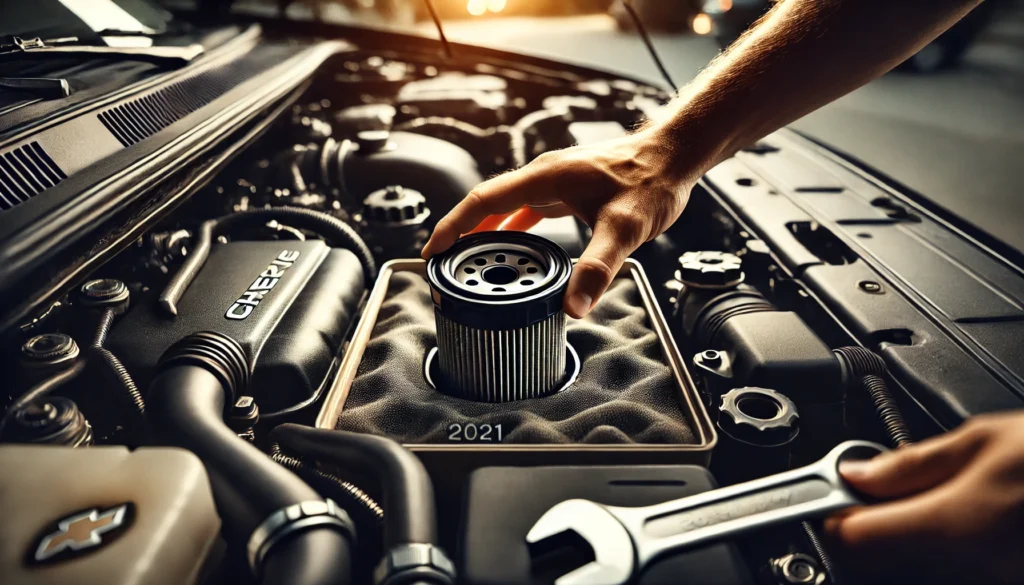 Removing the oil filter from a 2021 Chevy Colorado during an oil change.