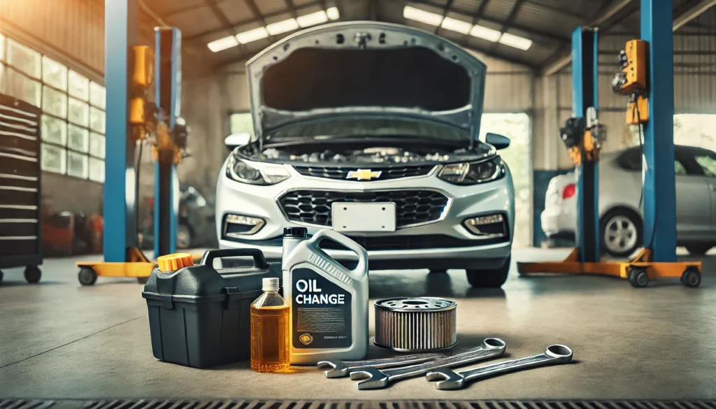 Chevrolet Cruze in a garage with tools ready for an oil change.