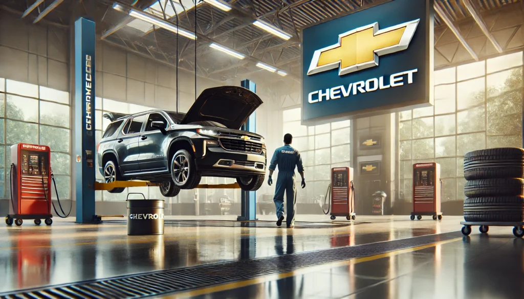 A Chevrolet vehicle receiving an oil change at a dealership service bay.