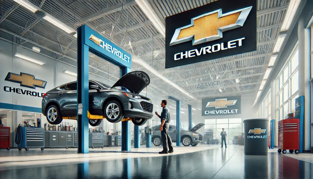 Technician performing an oil change at a Chevrolet dealership.