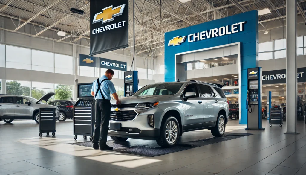 Chevrolet dealership technician preparing to perform an oil change on a Chevrolet vehicle.