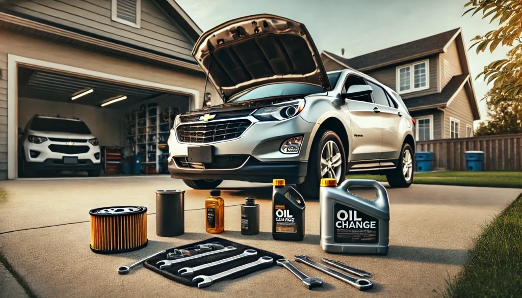 A Chevrolet Equinox with its hood open, illustrating the process of an oil change with tools and oil bottles nearby.