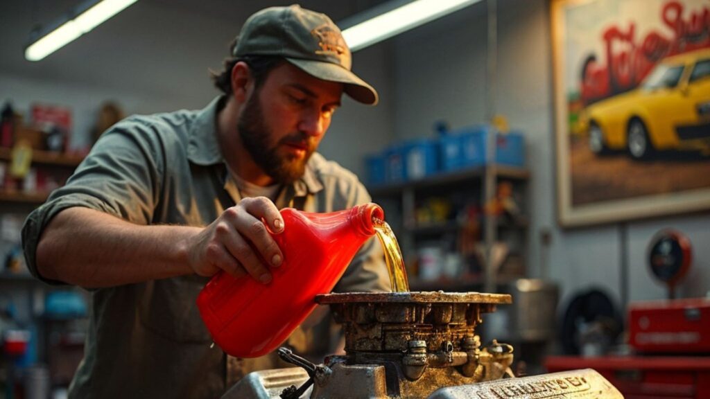 Chevrolet engine during an oil change with oil being poured and oil filter replacement.