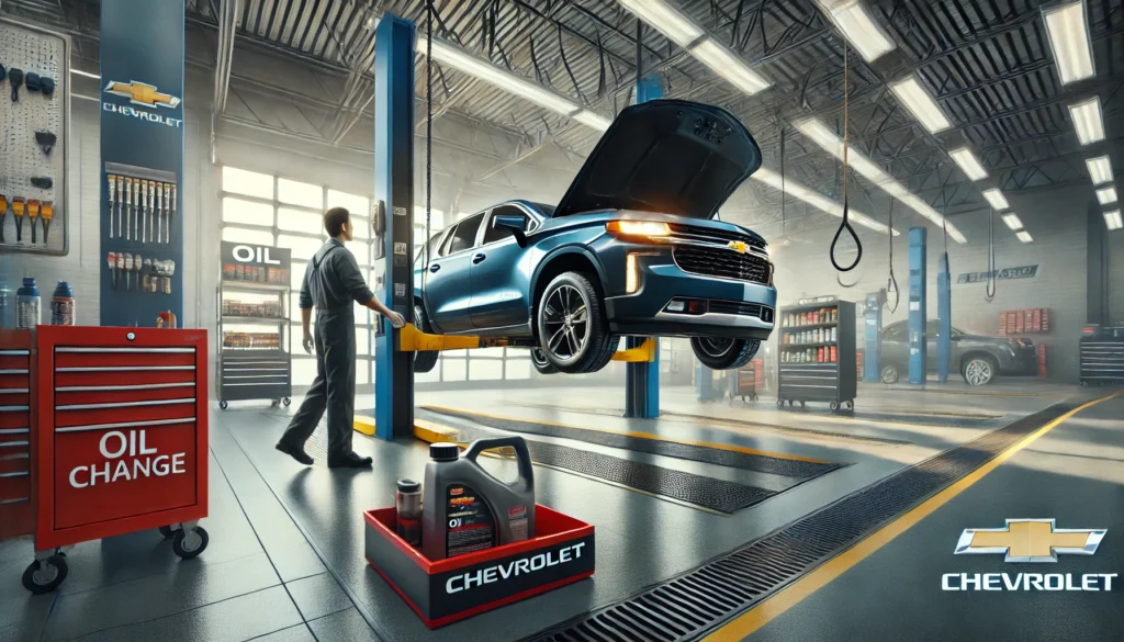A Chevrolet vehicle in a service bay with a technician ready to perform an oil change.