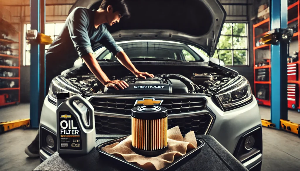 A Chevrolet Trax with its hood open during an oil change, focusing on the removal of the old oil filter.