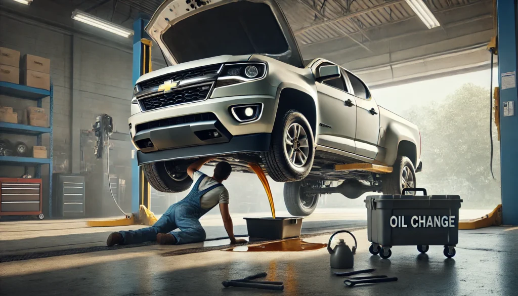 Performing an oil change on a Chevy Colorado with the vehicle raised on jack stands.